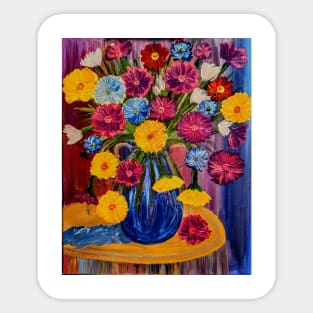 beautiful abstract flowers in vibrant colors in a tall glass vase set against a rainbow colors background painting. Sticker